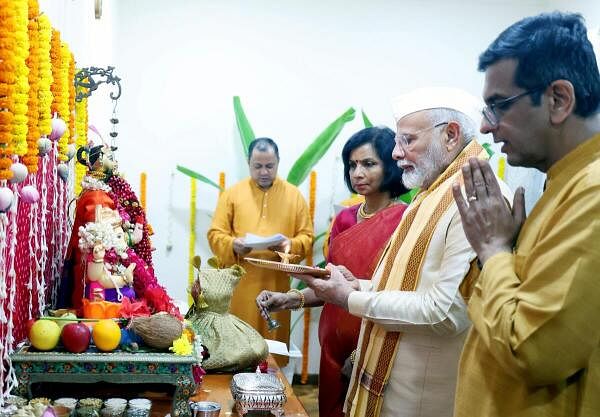 Prime Minister Narendra Modi attends 'Ganpati Poojan' at the residence of Chief Justice of India D Y Chandrachud