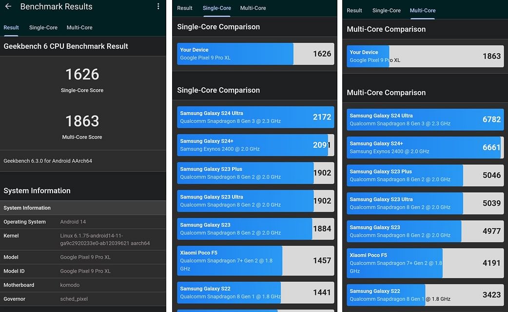 Google Pixel 9 Pro XL's Single-core and Multi-core performance score on Geekbench 6.0.