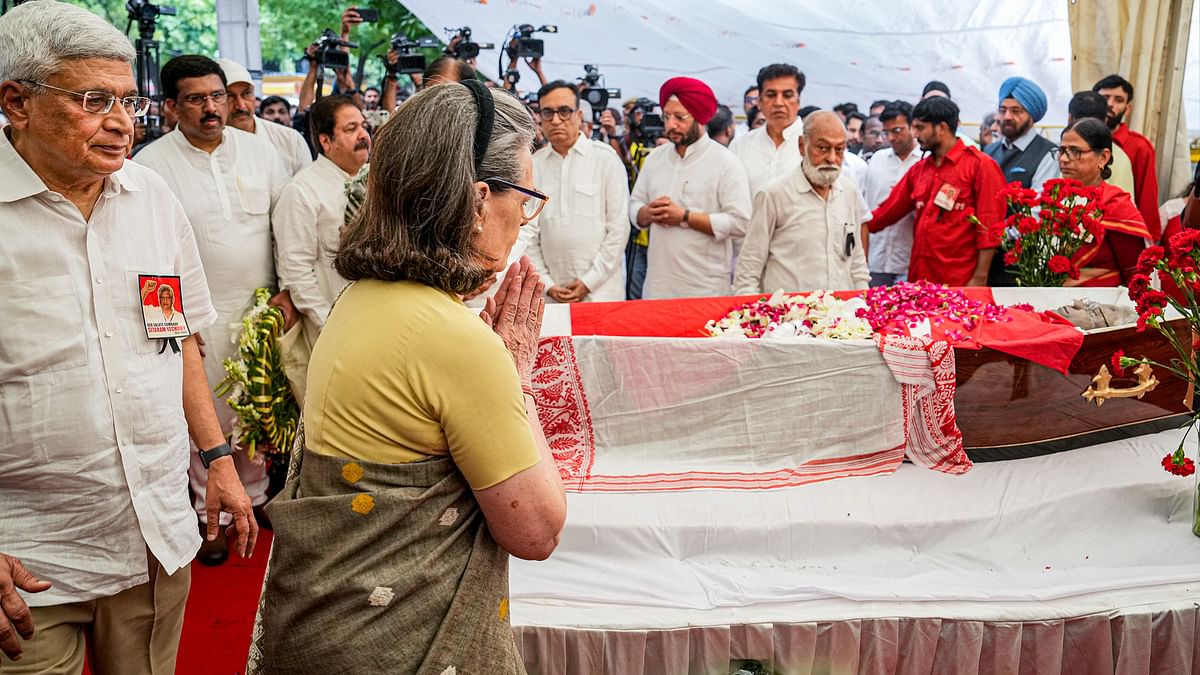 Senior Congress leader Sonia Gandhi arrives to pays her last respects to CPI(M) leader Sitaram Yechury, in New Delhi.