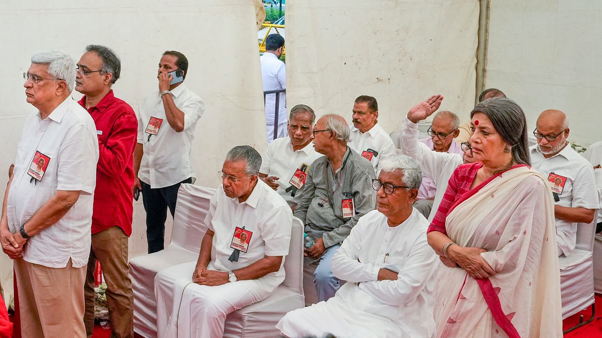 CPI (M) Politburo members Prakash Karat, Kerala Chief Minister Pinarayi Vijayan, former Tripura chief minister Manik Sarkar and Brinda Karat and others  at the party headquarters, in New Delhi