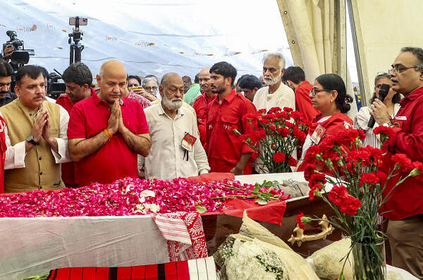 AAP leaders Sanjay Singh and Manish Sisodia pay their last respects to deceased CPI(M) leader Sitaram Yechury, at CPI(M) headquarters, in New Delhi.