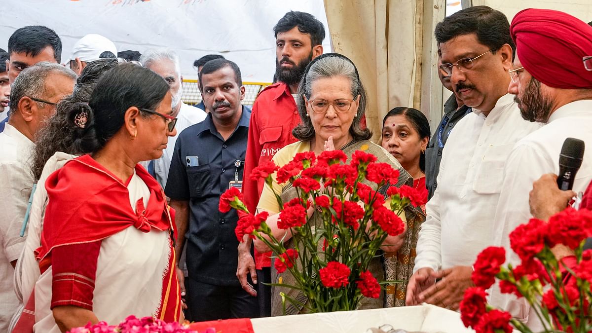 Senior Congress leader Sonia Gandhi arrives to pays her last respects to CPI(M) leader Sitaram Yechury, in New Delhi.