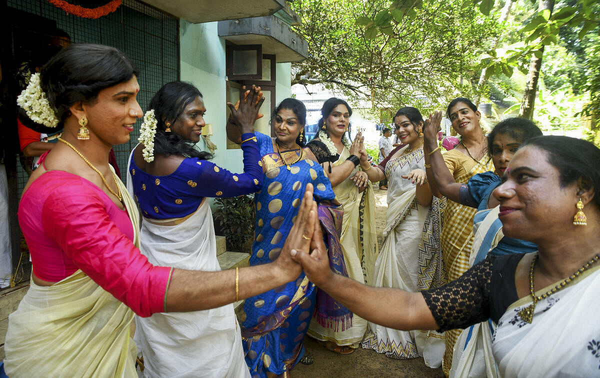 Members of transgender community take part in Onam celebrations, in Kozhikode.