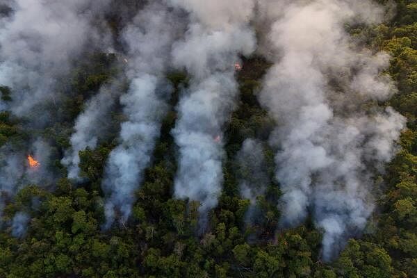 A drone view shows smoke rising from wildfires in Brasilia National Park, in Brasilia, Brazil