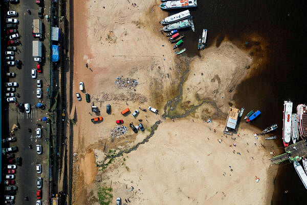 Drone footage shows the parched banks of the Rio Negro during drought in central Manaus, Amazonas state, Brazil.