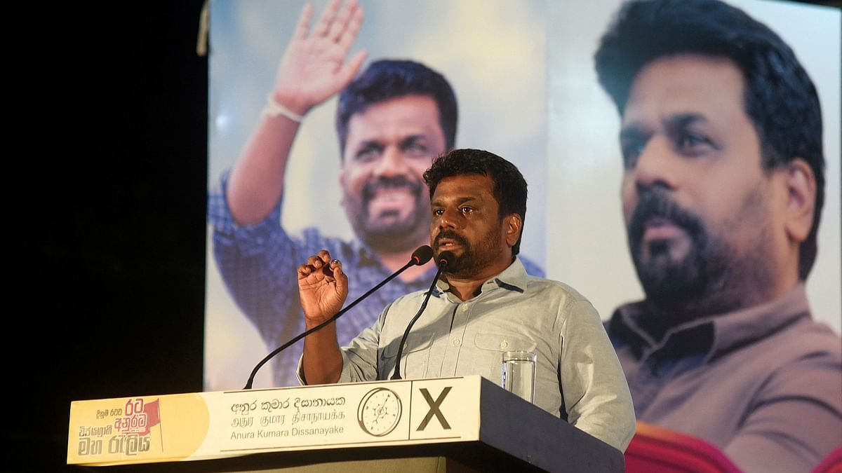 Anura Kumara Dissanayake, the presidential candidate from National People's Power, addresses his supporters during an election campaign rally ahead of presidential election, on the outskirts of Colombo, Sri Lanka, September 18, 2024. 