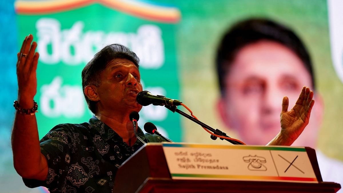 Sajith Premadasa, leader of the Samagi Jana Balawegaya  party, addresses his supporters during an election campaign rally ahead of the presidential election, in Colombo, Sri Lanka September 18, 2024.