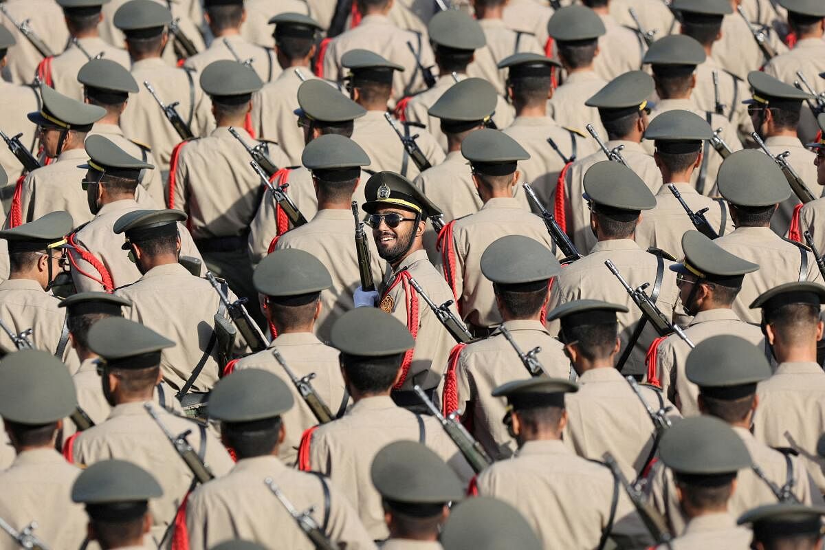 Iranian armed forces members march during the annual military parade in Tehran, Iran, September 21, 2024.