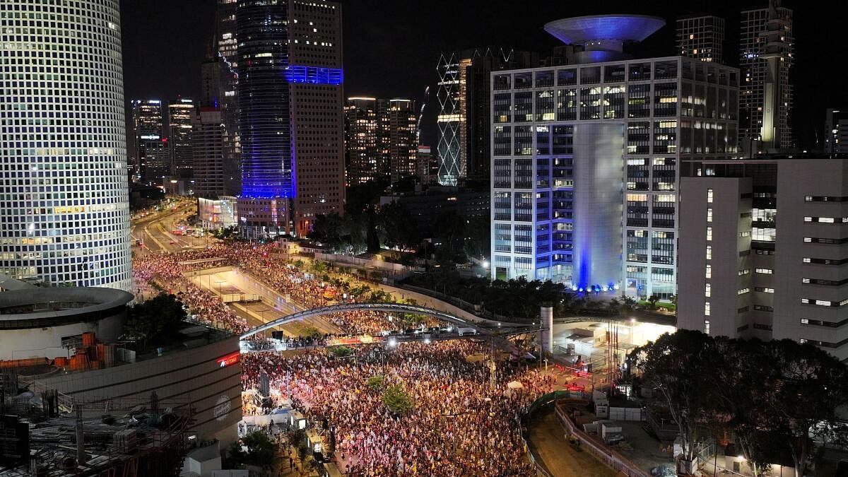 A drone view shows people attending a protest against the Israeli government and to show support for the hostages who were kidnapped during the deadly October 7 attack, amid the ongoing conflict in Gaza between Israel and Hamas, in Tel Aviv, Israel September 21, 2024