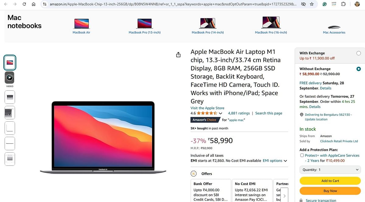  MacBook Air M1 listed on Amazon India website.