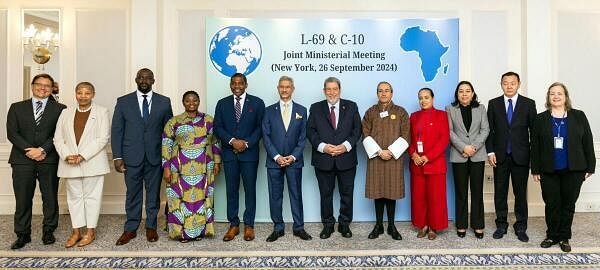 External Affairs Minister S Jaishankar with other delegates during the Joint Ministerial Meeting of L-69 and C-10 groupings of nations, in New York, USA.