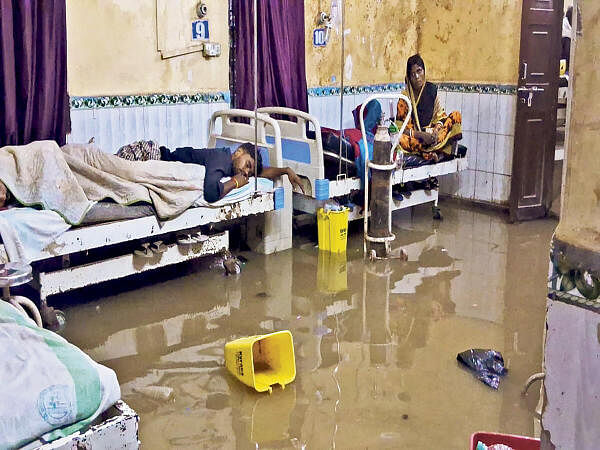 Water enters a government hospital after heavy rains, in Gopalganj, Saturday, Sept. 28, 2024.