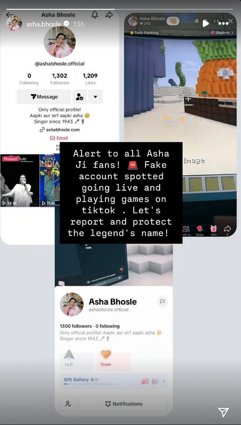 Asha Bhosle's Instagram story warning fans about the TikTok account