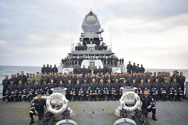 Navy personnel during the 9th anniversary celebration of Tough Tusker INS Kochi, the second indigenous P15A class destroyer.