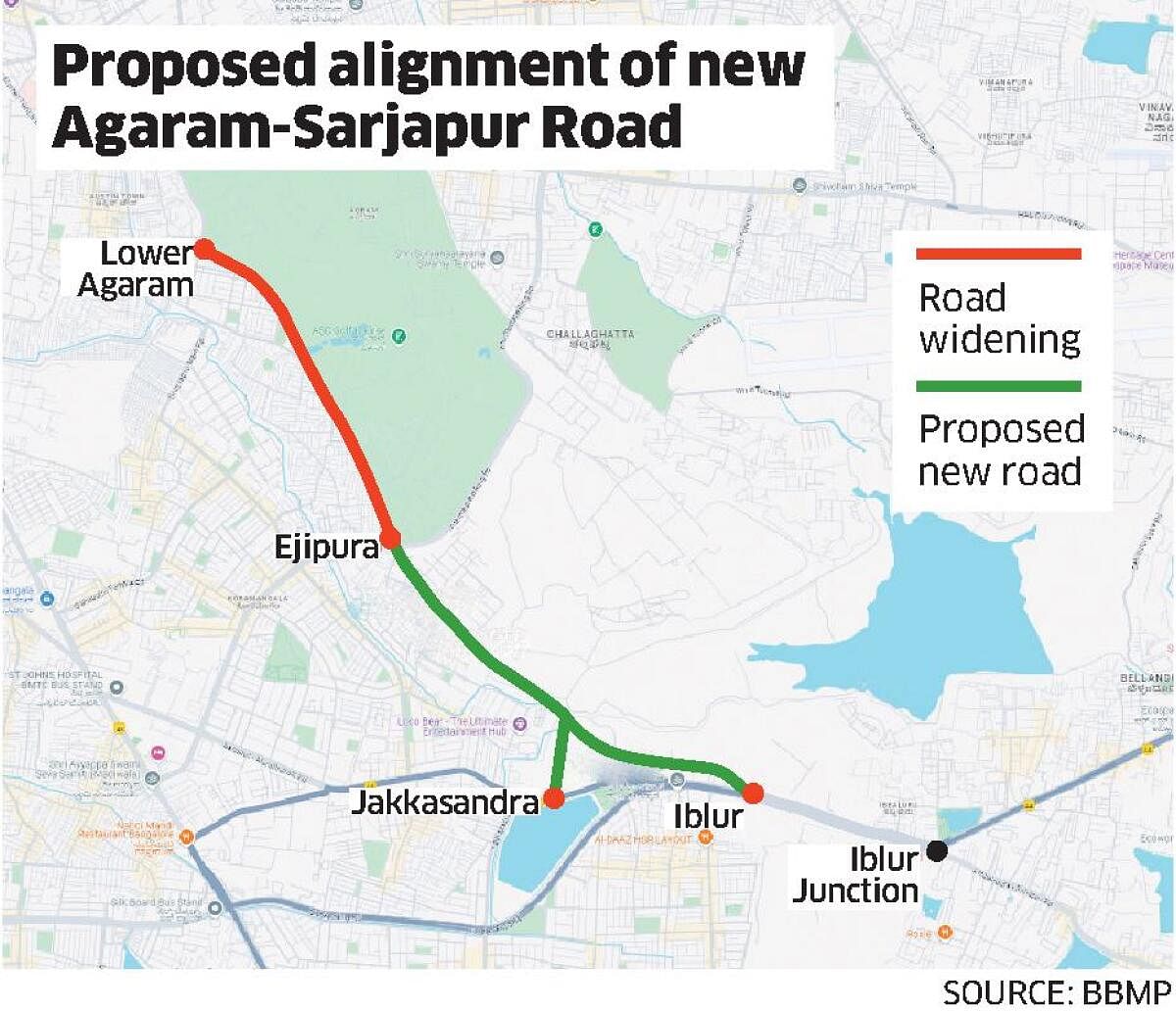 Map showing the proposed alignment of the new Agaram-Sarjapur Road.