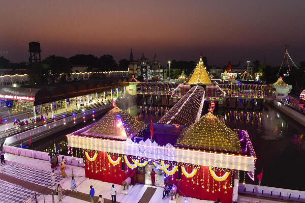 Devi talab temple illuminated on the eve of the nine-days long festival of Navratri, in Jalandhar.