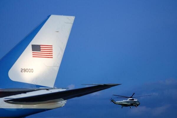 A duplicate of Marine One takes off at Joint Base Andrews in Maryland, US.