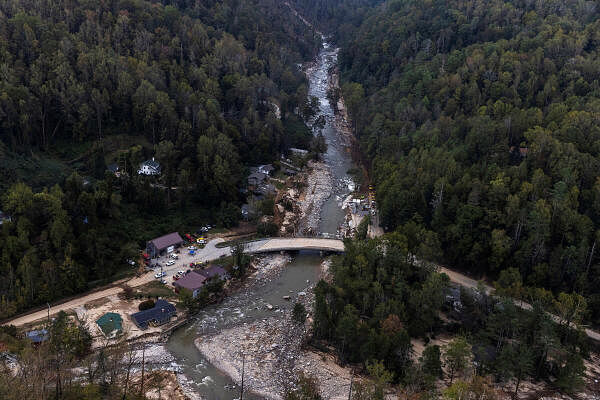 A residential area is destroyed by the Broad River following the passing of Hurricane Helene, in Bat Cave, North Carolina, US.