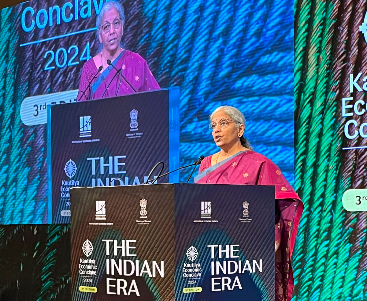  Union Finance Minister Nirmala Sitharaman addresses the third edition of Kautilya Economic Conclave (KEC 2024) in New Delhi. 