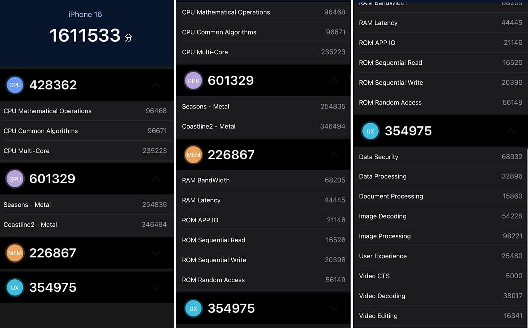 Apple iPhone 16 performance score on AnTuTu Benchmark score.