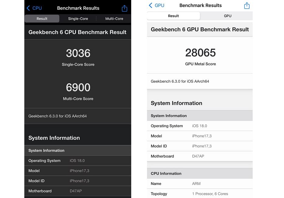 Apple iPhone 16 performance score on Geekbench 6.0.