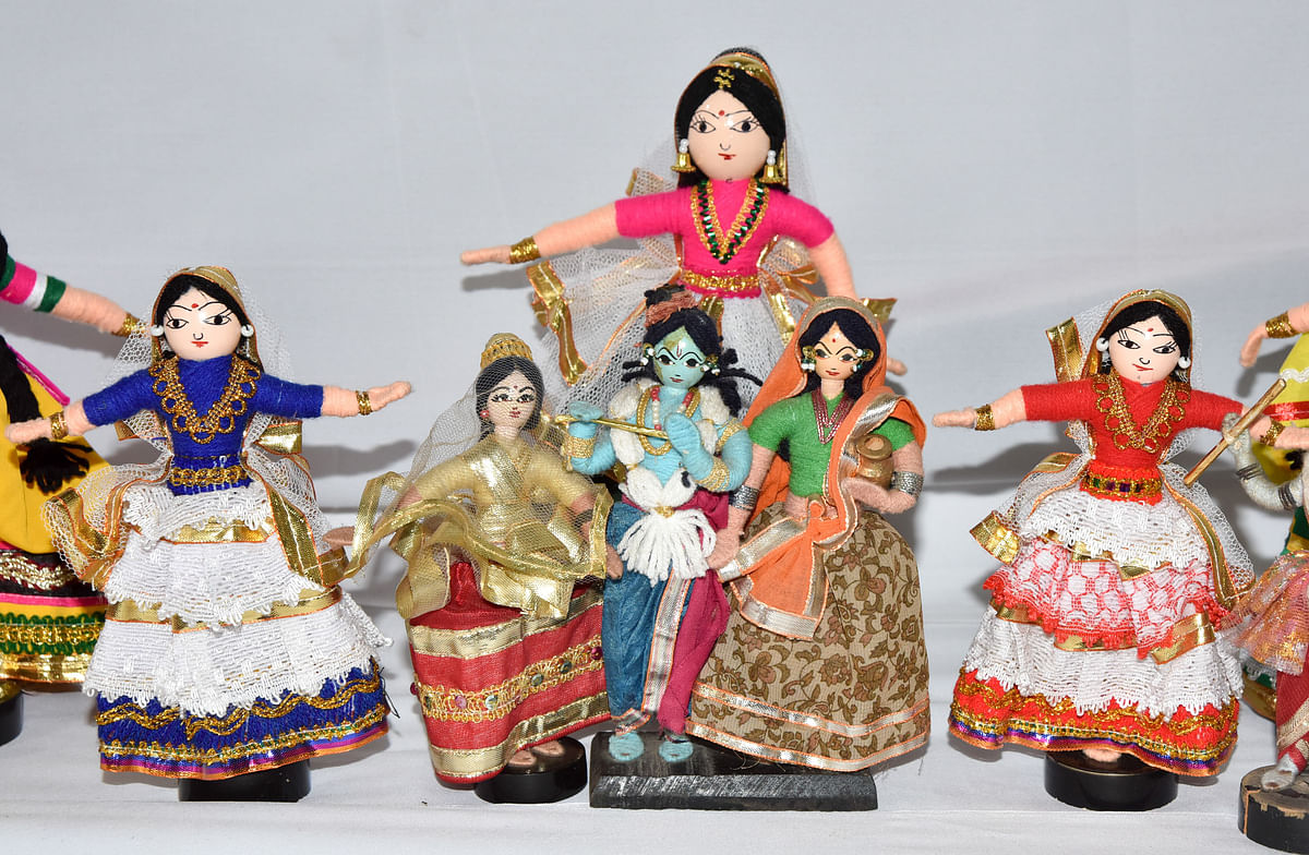 A close-up view of dolls displayed at Jaganmohan Palace in Mysuru.