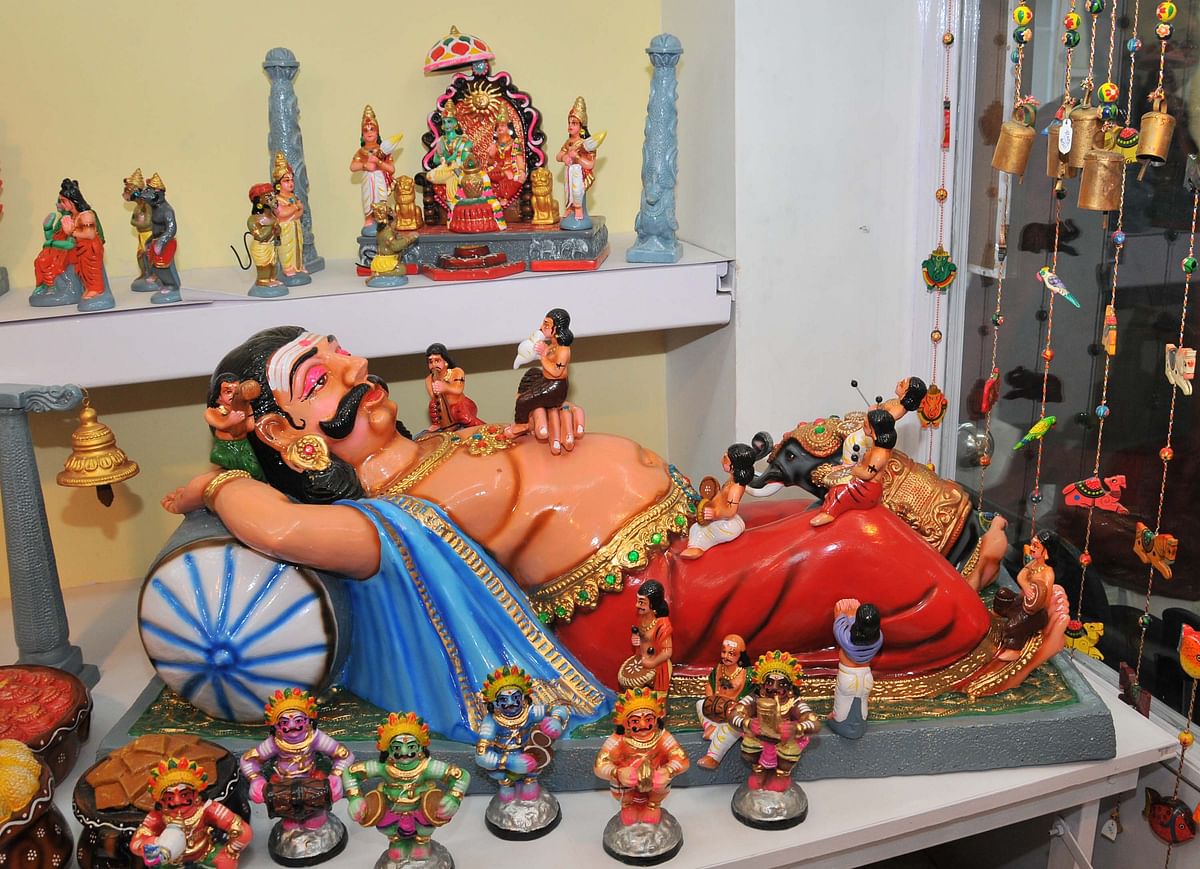 A colourful array of dolls displayed at an exhibition in Mysuru.