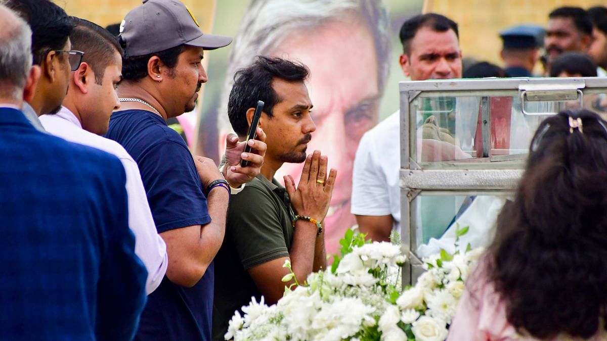 People pay homage to business leader Ratan Tata at NCPA lawns, in Mumbai.