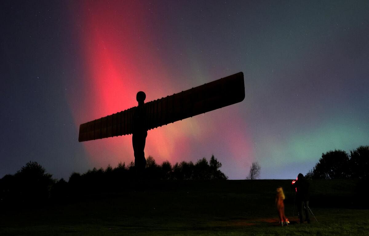 Northern Lights, also known as aurora borealis, are seen at the Angel of the North in Gateshead, Britain.