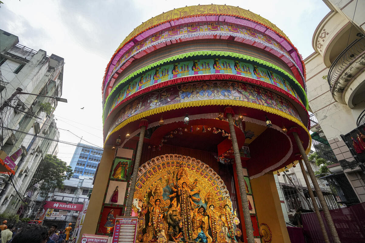 View of a community 'puja pandal' during Durga Puja festival, in Kolkata.