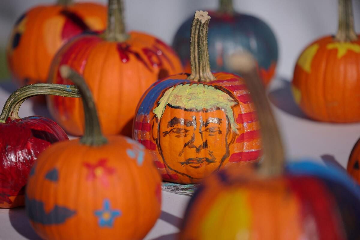 A pumpkin is painted with the face of Republican presidential nominee and former U.S. President Donald Trump at the Rod of Iron Freedom Festival, which the organizers call 