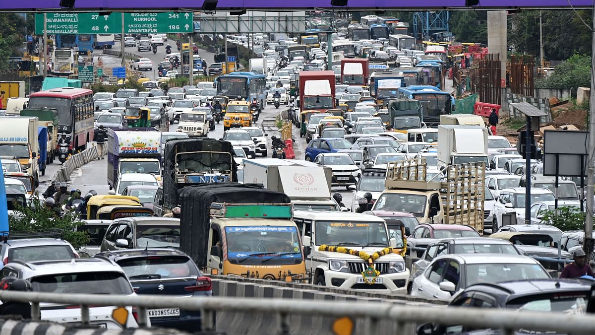 A jammed Airport Road near Hebbal flyover on Monday. 