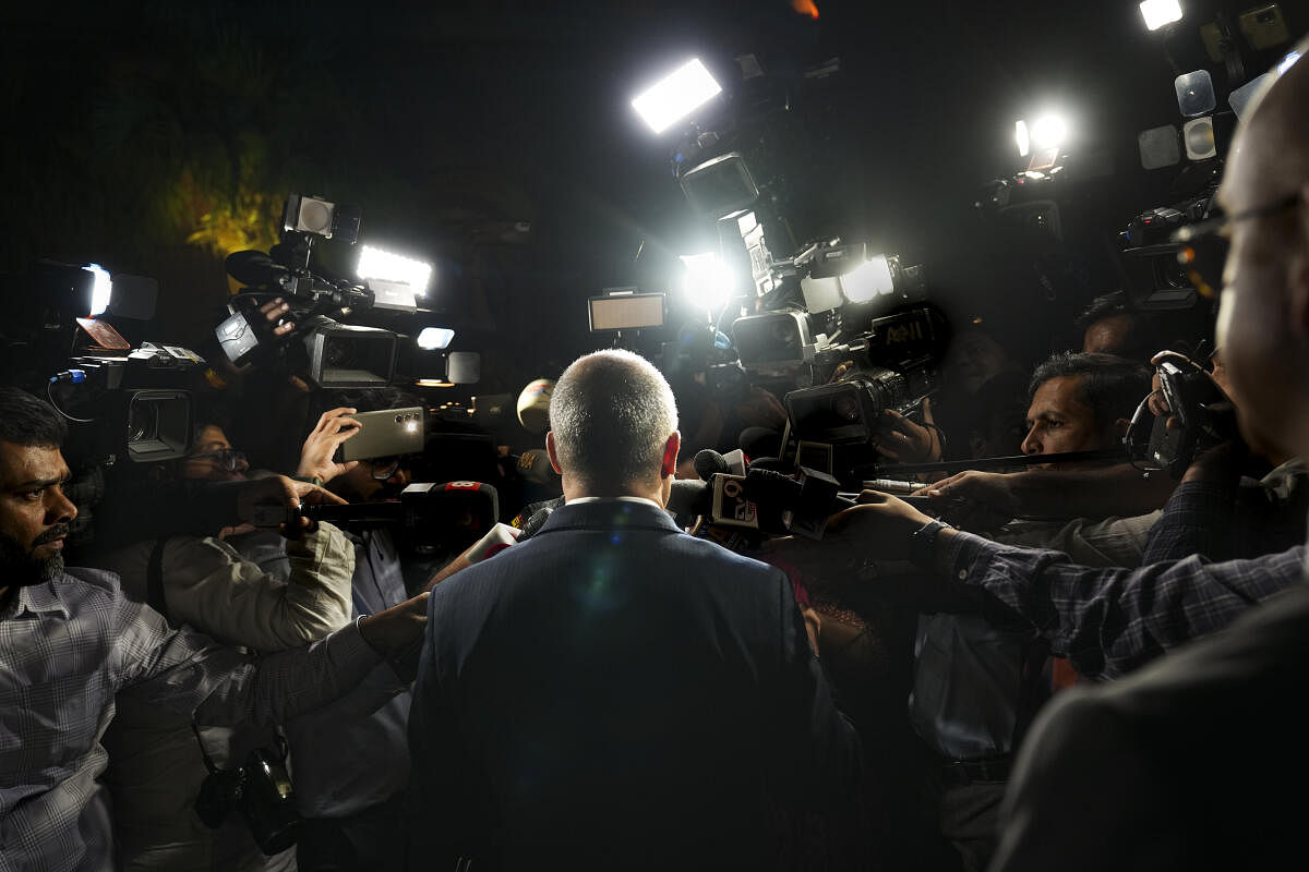 Canada's Deputy High Commissioner to India Stewart Wheeler speaks with the media after a meeting the Ministry of External Affairs officials, in New Delhi.