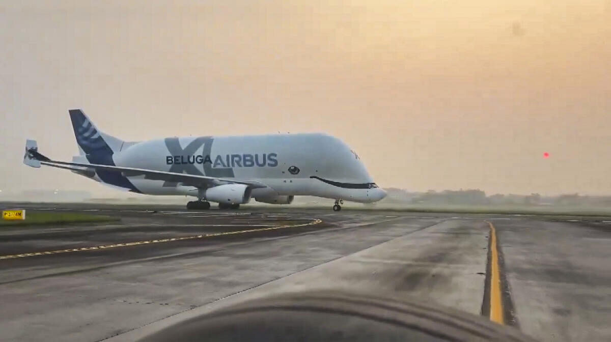 Beluga XL, the biggest Airbus Beluga series aircraft, upon its landing at Kolkata airport.