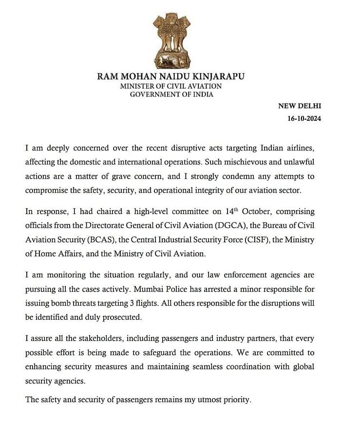 Statement from Civil Aviation Minister Ram Mohan Naidu Kinjarapu