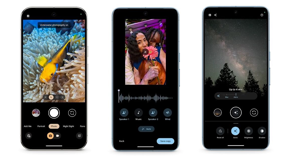 Android 15 update brings underwater photography (left), Magic Audio Eraser (centre) and easy access to Astrophotography mode (left) to Pixel phones.