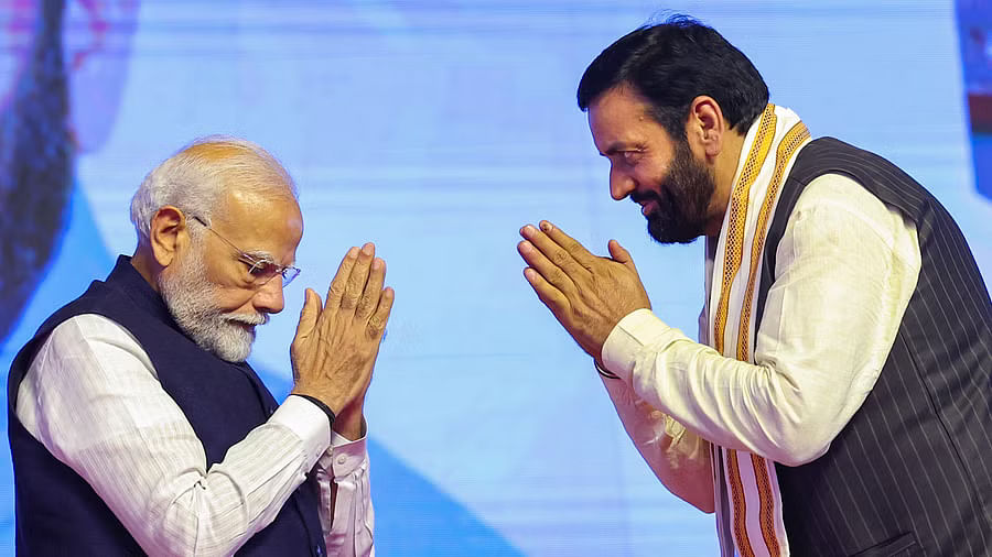 Prime Minister Narendra Modi with Haryana CM Nayab Singh Saini during the swearing-in ceremony of new Haryana government, in Panchkula, Thursday, Oct. 17, 2024.