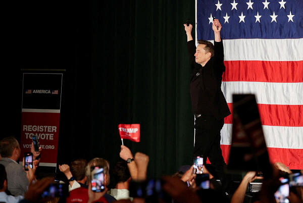 Tesla CEO and X owner Elon Musk speaks about voting during an America PAC Town Hall, in Folsom.