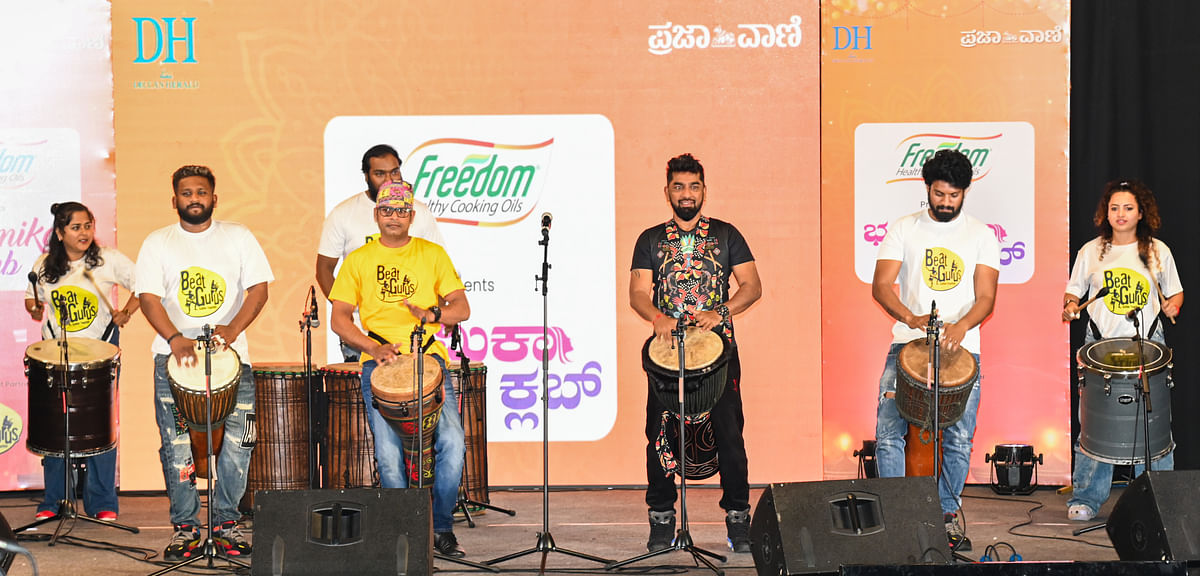 Beat Gurus featuring Ganesh Govindswamy and Prashanth Muralidhar deliver a vibrant ‘jambe’ and drum performance at the Bhumika Club event held at RV Teachers’ College Auditorium on Saturday. 