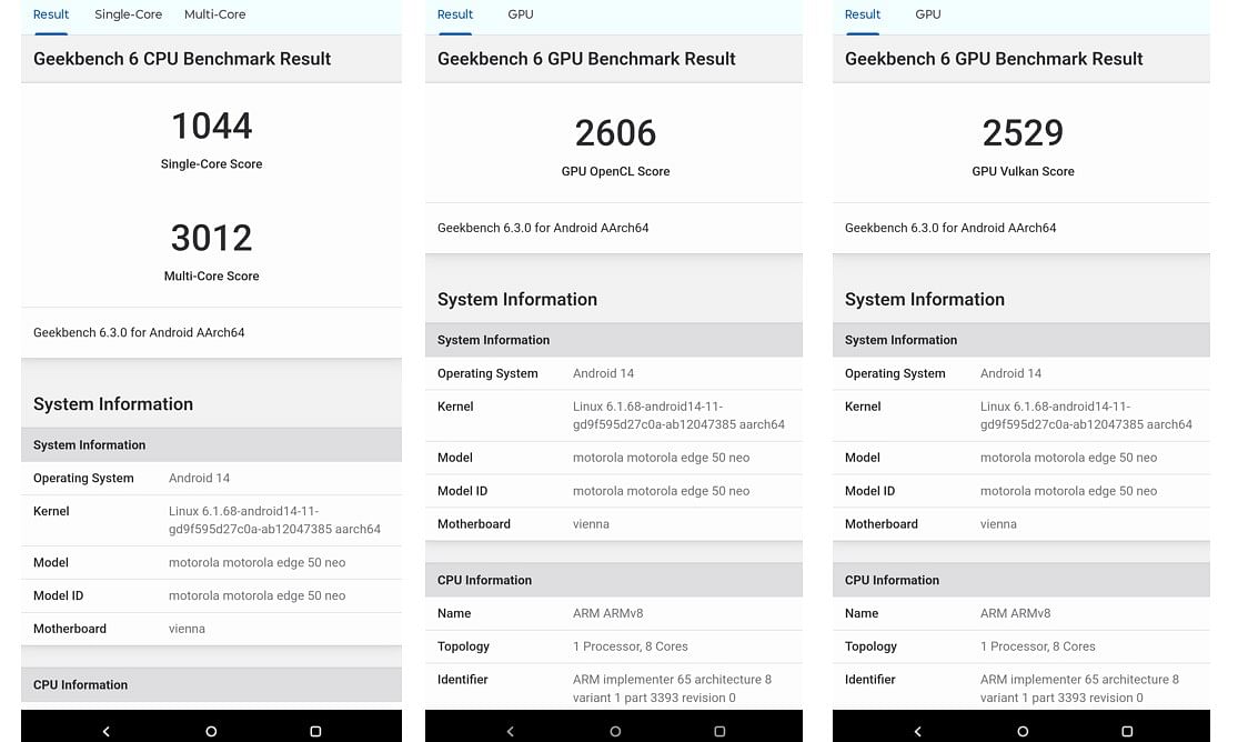 Motorola Edge 50 Neo Performance Benchmark score on Geekbench 6.0.