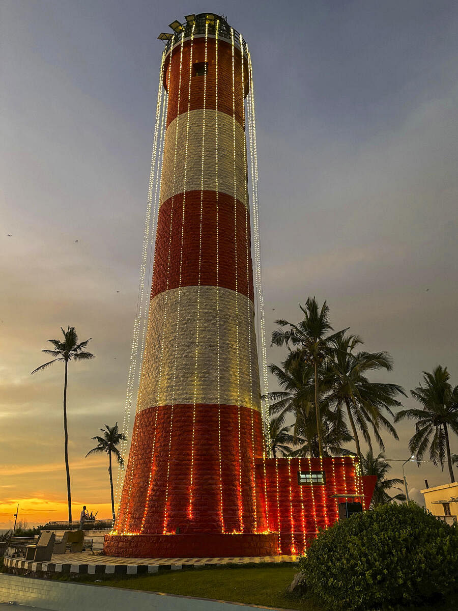 Vizhinjam Lighthouse illuminated as part of the Lighthouse festival, in Thiruvananthapuram.