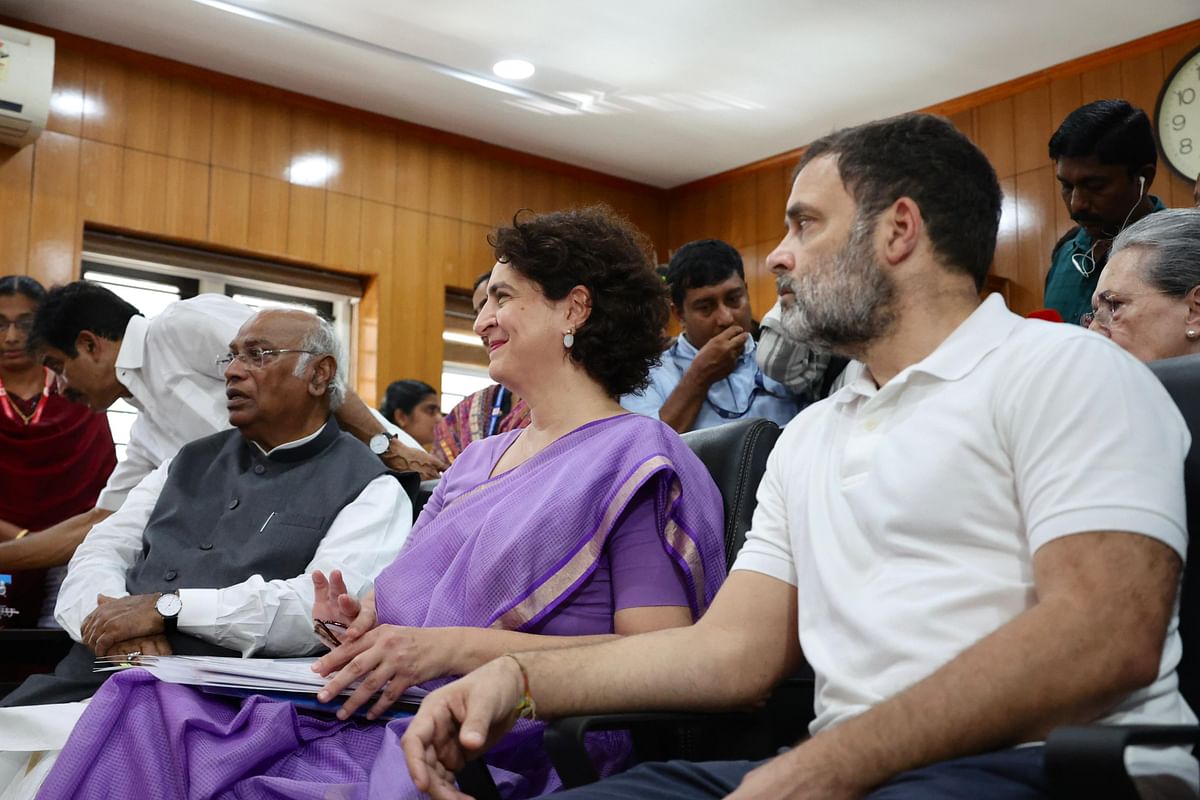 Priyanka Gandhi along with Mallikarjun Kharge (Left) and Rahul Gandhi (Right) during her nomination filing in Wayanad.