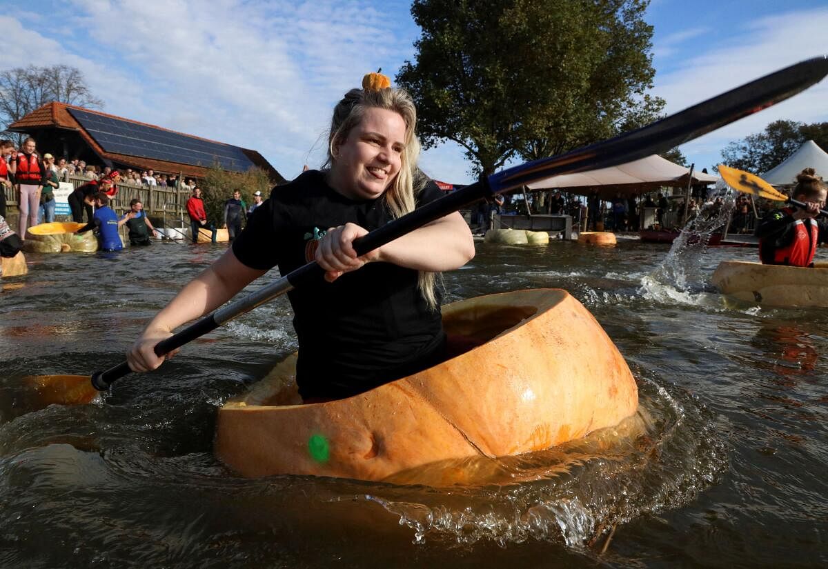 Competitors paddle in giant hollowed out pumpkins at the yearly pumpkin regatta in Kasterlee, Belgium