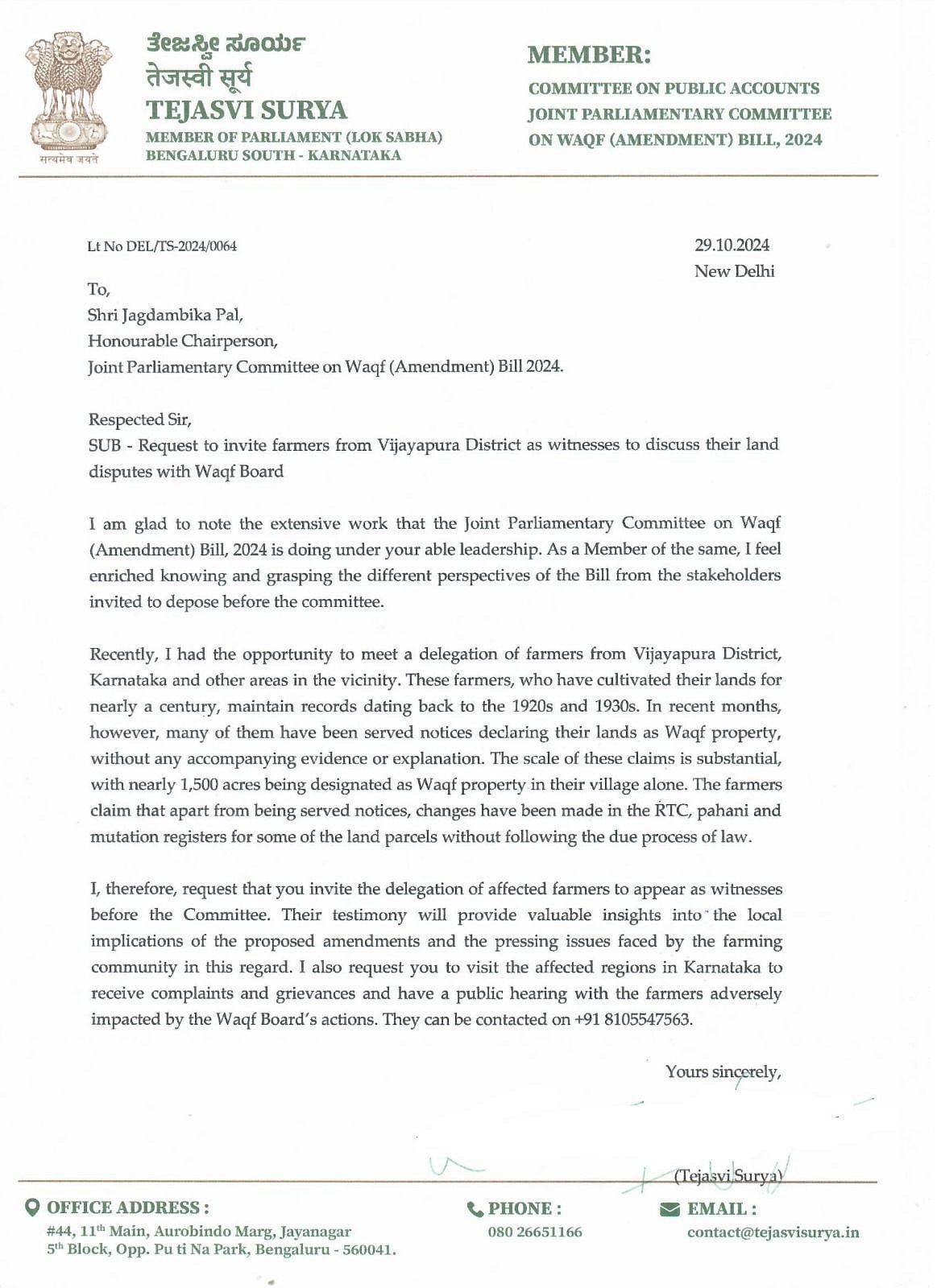 Letter from Tejasvi Surya.