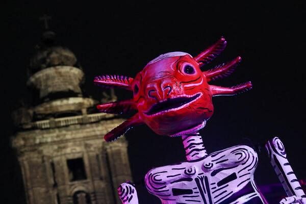 An art installation of a skeleton is displayed, ahead of the Day of the Dead, at Zocalo Square in Mexico City, Mexico.