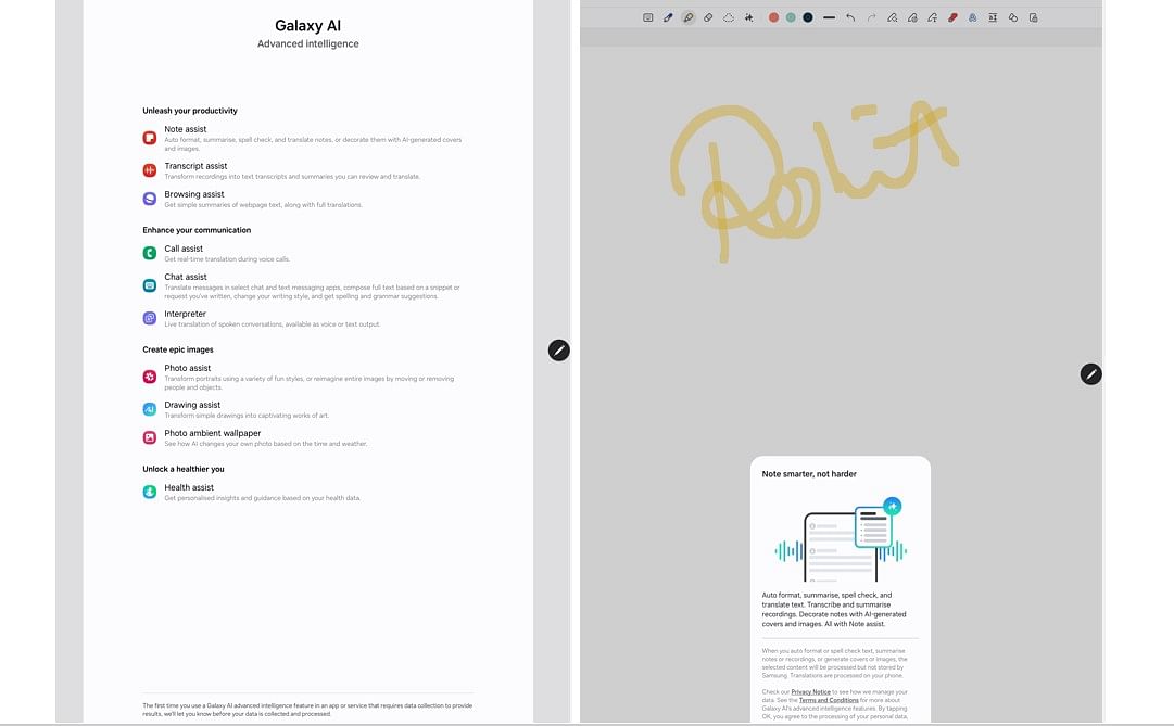 Samsung Galaxy Tab S10 Ultra supports multiple Galaxy AI features.