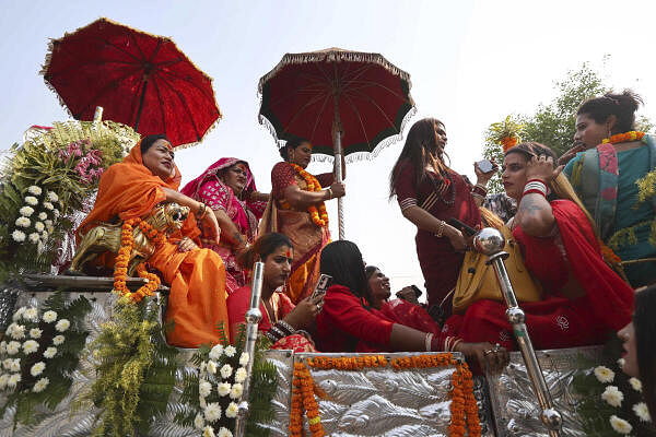 Members of Kinnar Akhara during 'Nagar Pravesh' procession, ahead of Kumbh Mela 2025, in Prayagraj.