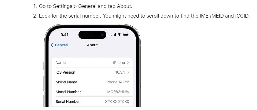 Go to Settings &gt;&gt; General &gt;&gt; About &gt;&gt; scroll down to find the serial number of the iPhone.