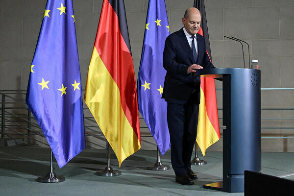 German Chancellor Scholz attends media briefing after sacking Finance Minister Lindner, in Berlin