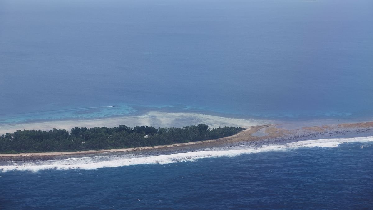 File Photo: An aerial view of the Pacific Islands nation of Tuvalu, September 6, 2024. Rising sea levels caused by climate change have prompted the Tuvalu government to strike a climate migration pact with Australia. 